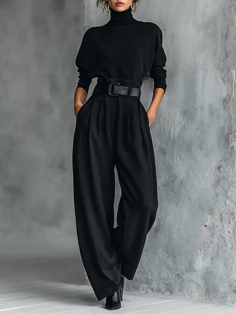 All-Black Turtleneck Two-Piece Set with Straight-Leg Pants | Aurora