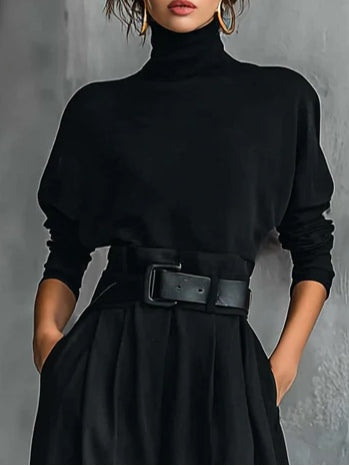 All-Black Turtleneck Two-Piece Set with Straight-Leg Pants | Aurora