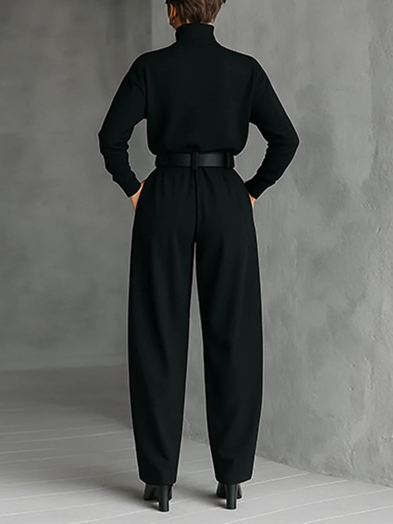 All-Black Turtleneck Two-Piece Set with Straight-Leg Pants | Aurora