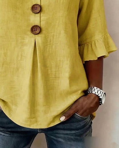 Cotton V-neck ruffle half sleeve blouse for women | Patrizia