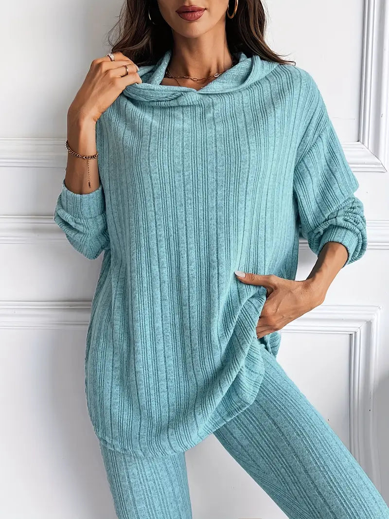 Ribbed knit lounge set with oversized hooded top | Lyra