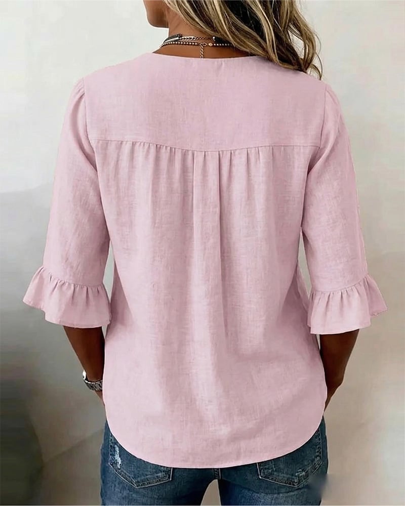 Cotton V-neck ruffle half sleeve blouse for women | Patrizia