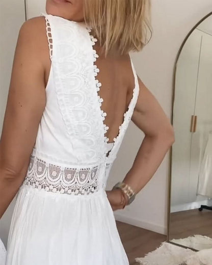 Lace V-neck flowing tiered maxi dress for women | Rose