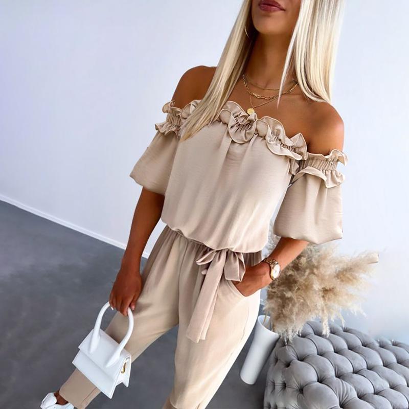 Chic off-shoulder frill tie-waist jumpsuit for women | Camila