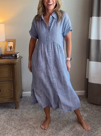 Striped button-up collar short sleeve gathered waist midi dress for women | Marisela