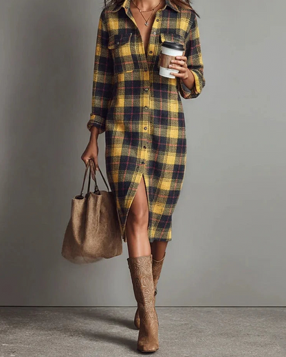Marova | Women's Checkered Shirt Collar Knee Length Dress