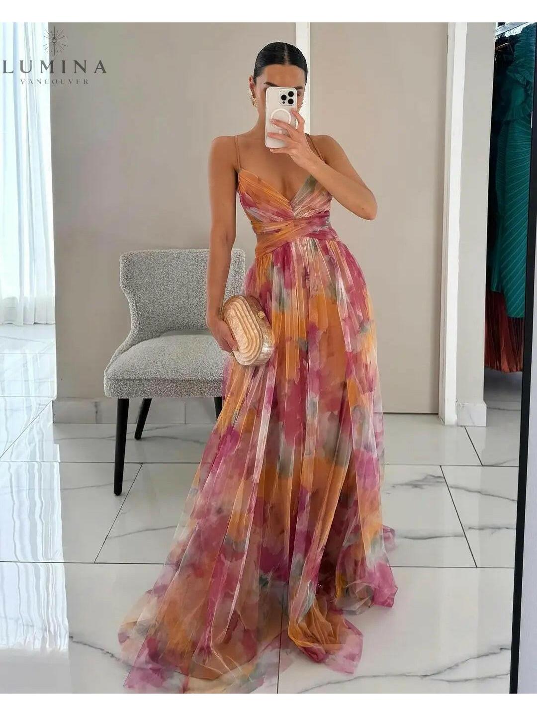 Delicate floral print adjustable back flowing maxi dress for women | Amelie