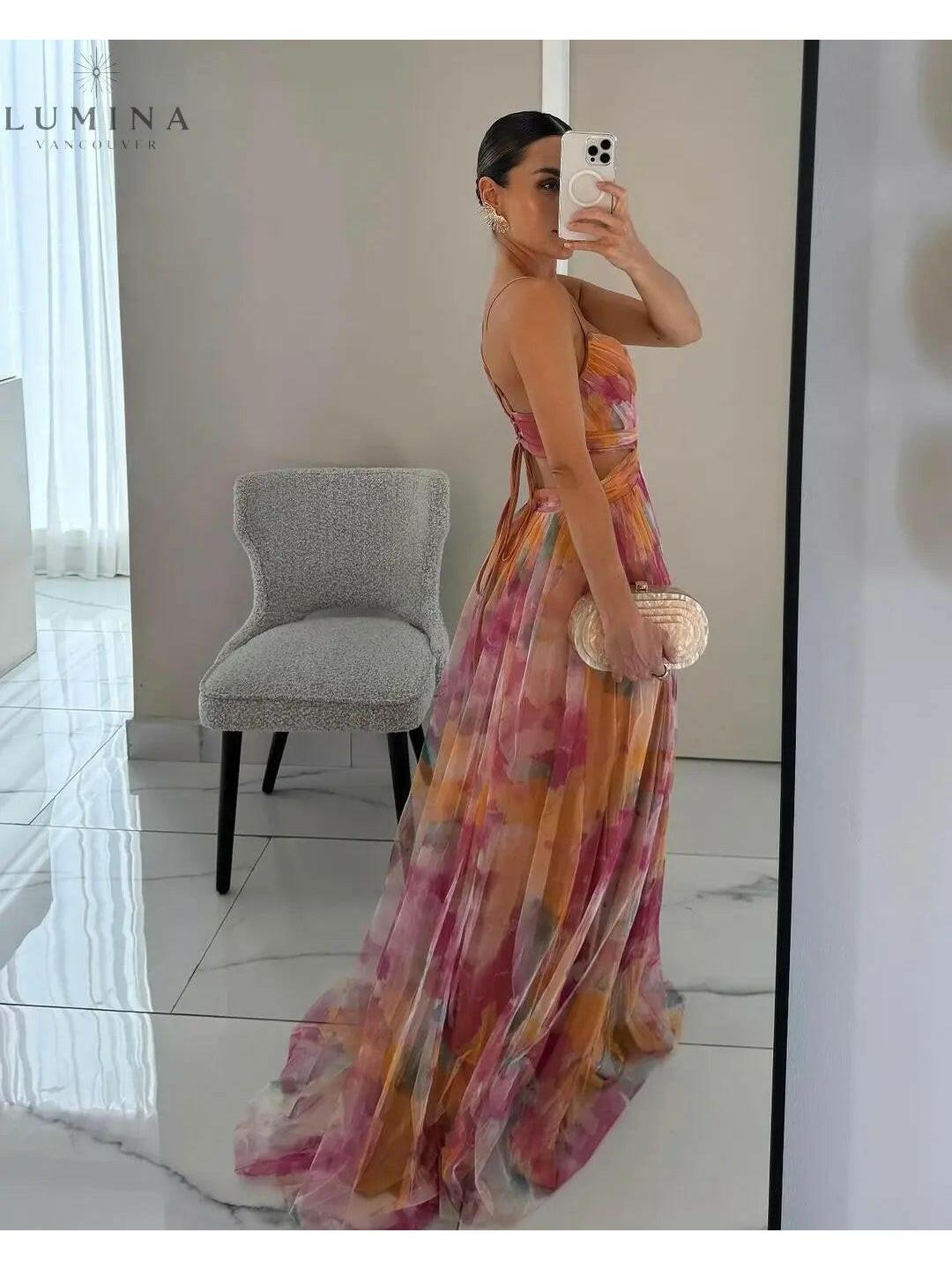 Delicate floral print adjustable back flowing maxi dress for women | Amelie