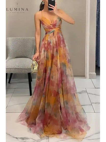 Delicate floral print adjustable back flowing maxi dress for women | Amelie