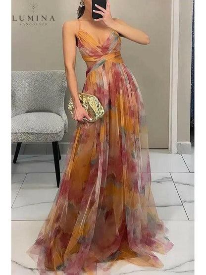 Delicate floral print adjustable back flowing maxi dress for women | Amelie