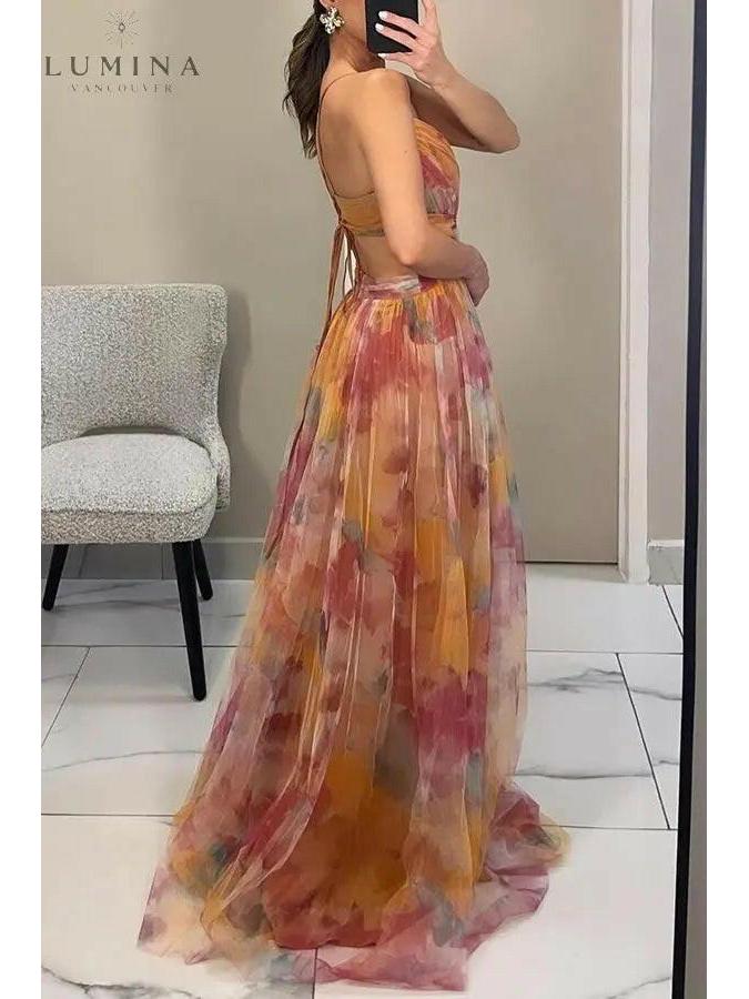 Delicate floral print adjustable back flowing maxi dress for women | Amelie