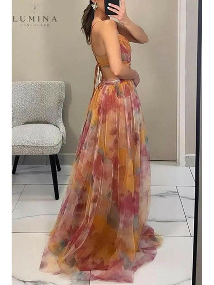 Delicate floral print adjustable back flowing maxi dress for women | Amelie