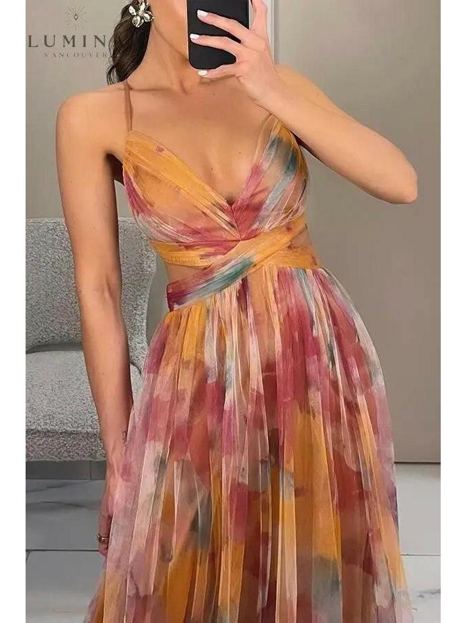 Delicate floral print adjustable back flowing maxi dress for women | Amelie