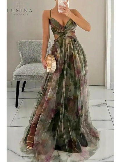 Delicate floral print adjustable back flowing maxi dress for women | Amelie