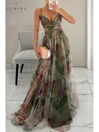 Delicate floral print adjustable back flowing maxi dress for women | Amelie