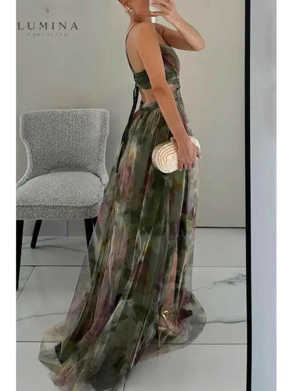 Delicate floral print adjustable back flowing maxi dress for women | Amelie