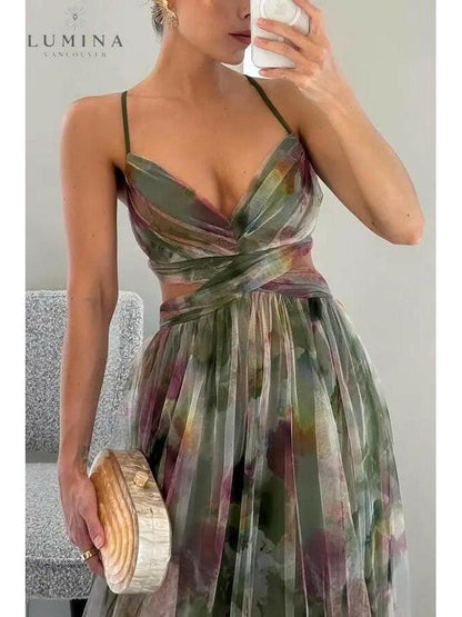 Delicate floral print adjustable back flowing maxi dress for women | Amelie