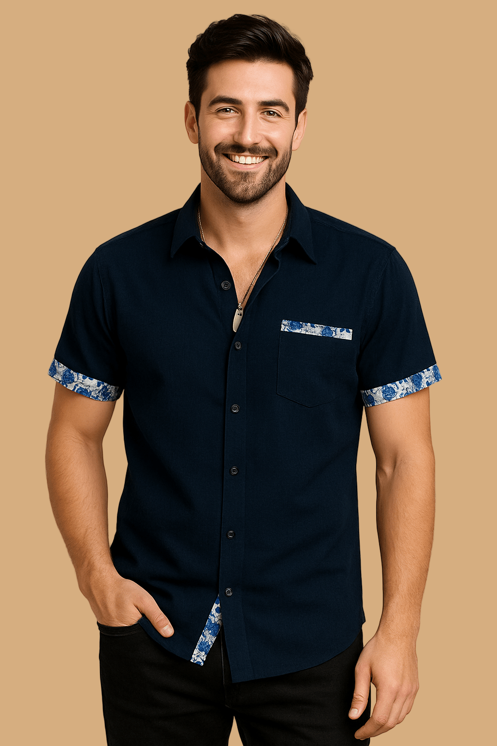 Marco Short-Sleeve Shirt | Floral Trim | Breathable Linen-Style Button-Up