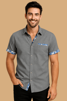 Marco Short-Sleeve Shirt | Floral Trim | Breathable Linen-Style Button-Up
