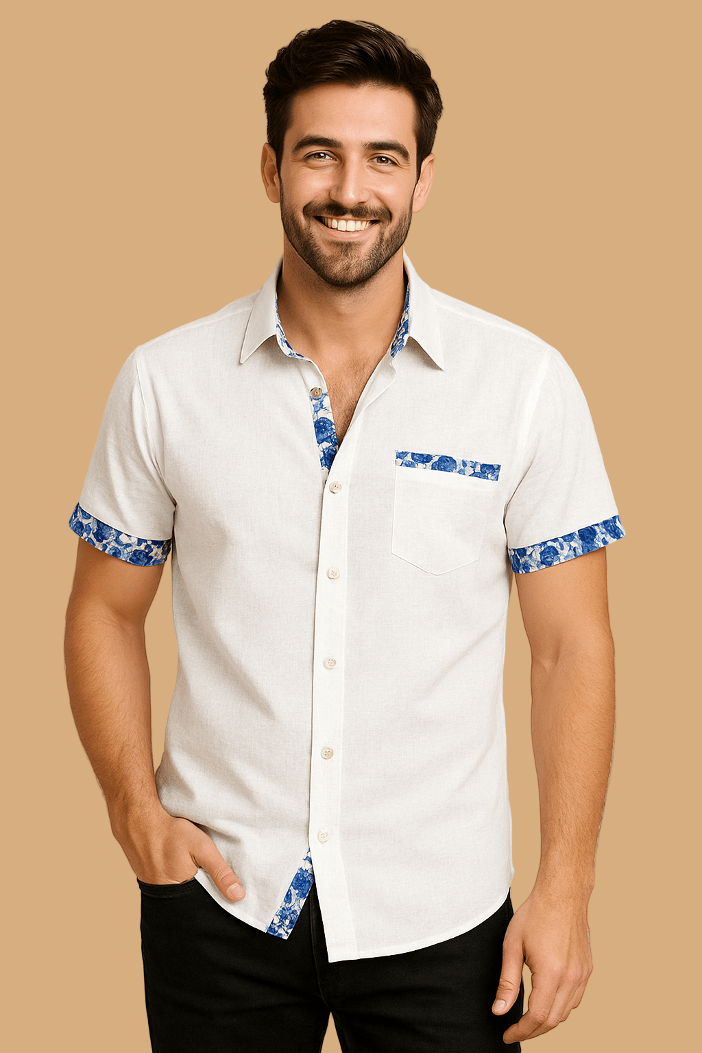 Marco Short-Sleeve Shirt | Floral Trim | Breathable Linen-Style Button-Up