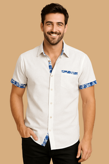 Marco Short-Sleeve Shirt | Floral Trim | Breathable Linen-Style Button-Up