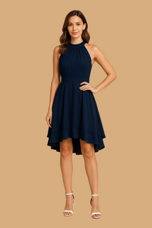 Women’s Selina Halter Neck Dress | Sleeveless High-Low Layered Skirt | Fitted Waist Summer Style
