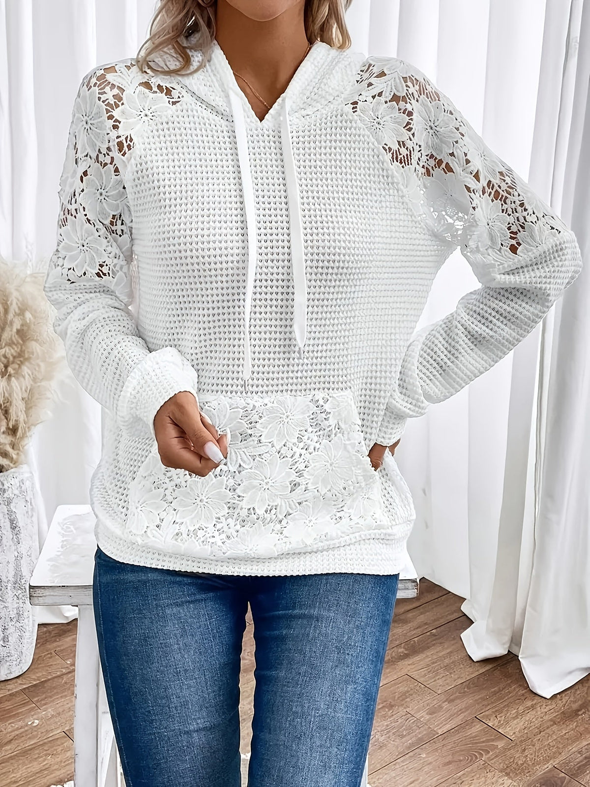 Elvara | Women's Waffle Hooded Top with Floral Panels