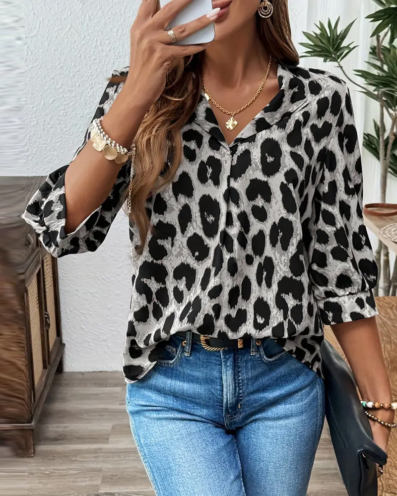 Leopard print lapel collar cotton blouse for women | Rosalyn