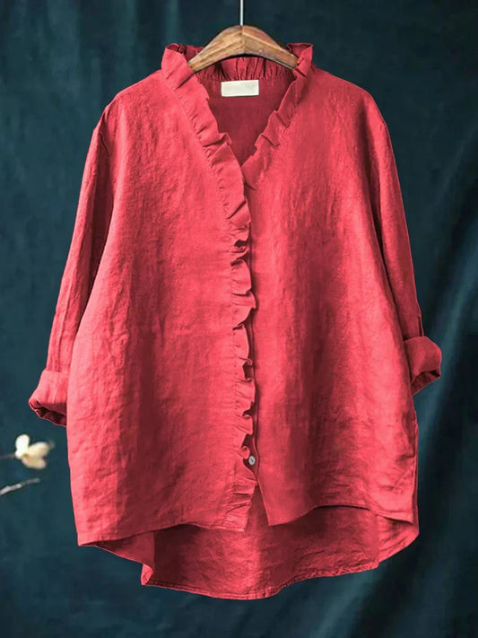 Cotton linen ruffle V-neck casual blouse for women | Eliza