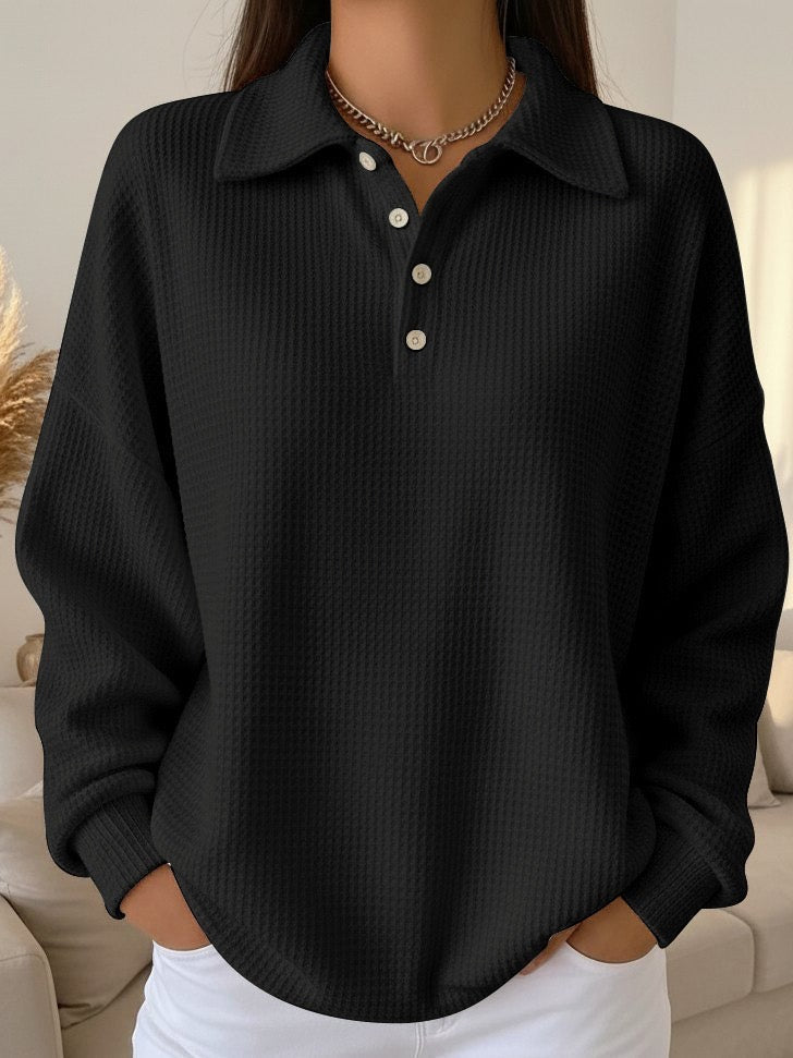 Odalys | Women's Waffle Knit Polo Collar Button Sweater