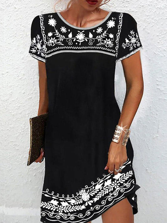 Boho floral embroidered black mini dress for women | Marisol