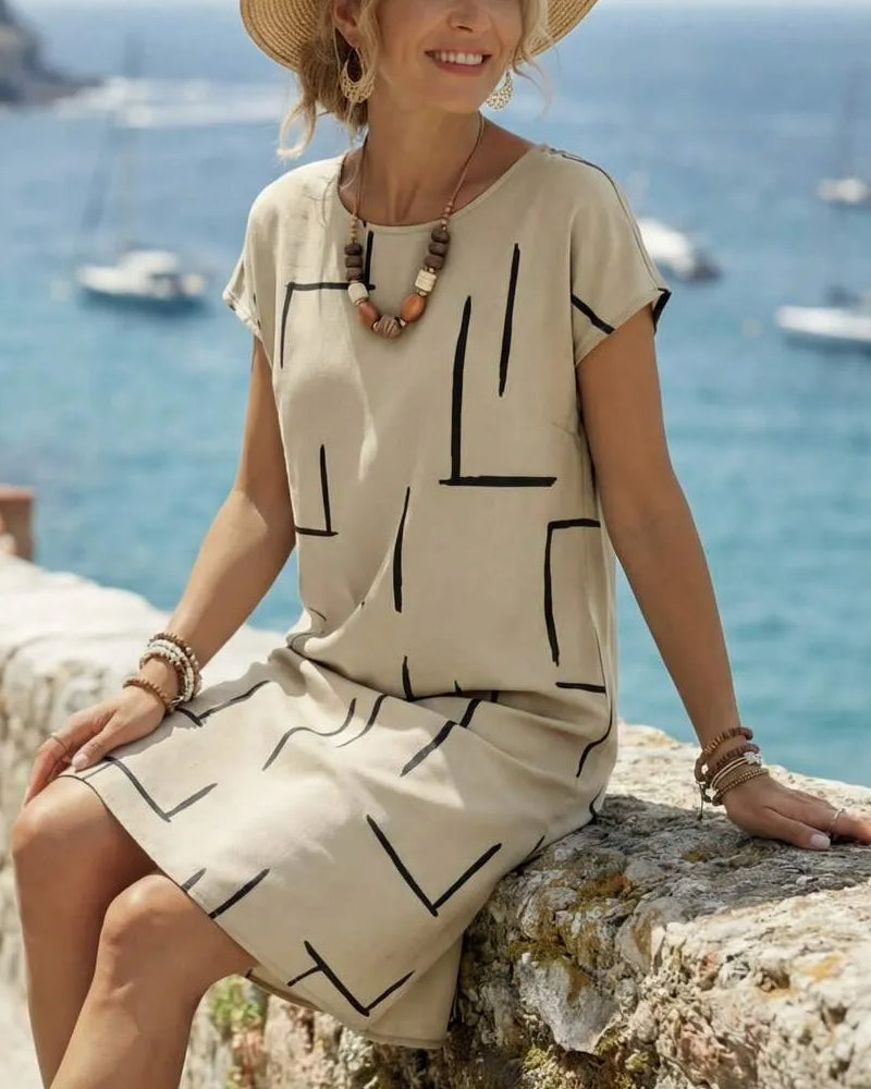 Striped cotton shift knee length dress for women | Lauretta
