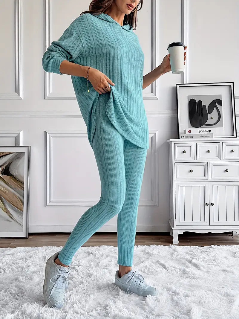 Ribbed knit lounge set with oversized hooded top | Lyra