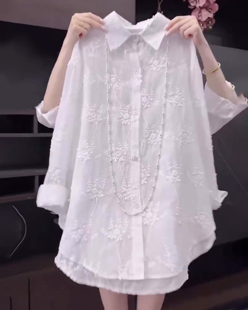 Embroidered cotton dropped shoulder shirt for women | Marisela