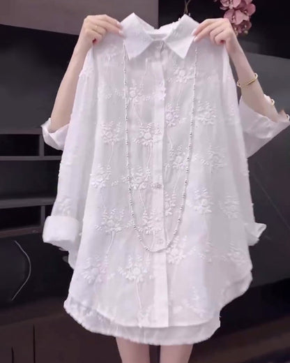 Embroidered cotton dropped shoulder shirt for women | Marisela