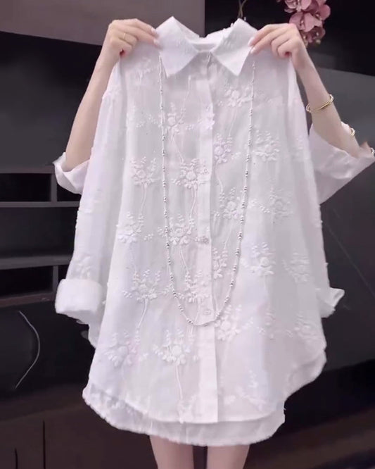 Embroidered cotton dropped shoulder shirt for women | Marisela