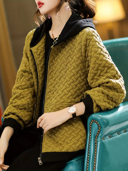 Quilted zip-up hoodie with basketweave pattern | Selara