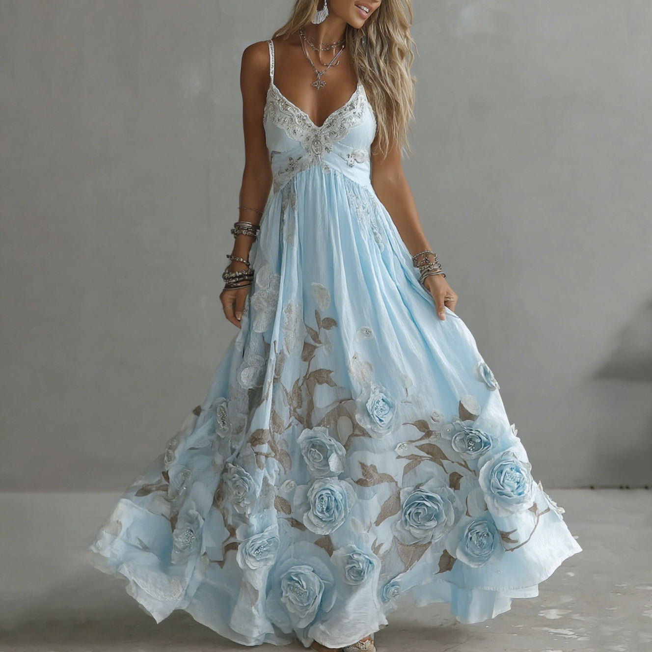 Vintage rose embroidered maxi dress for women | Adeluna