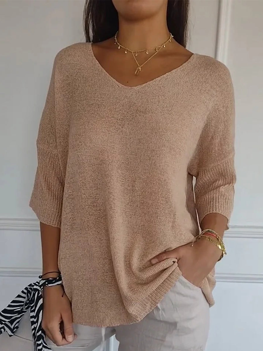 Casual loose knit V-neck top for women | Marisela
