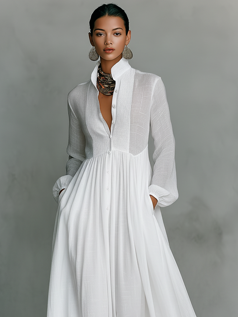 Minimalist stand-collar patchwork maxi dress for women | Aveline