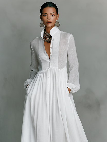 Minimalist stand-collar patchwork maxi dress for women | Aveline