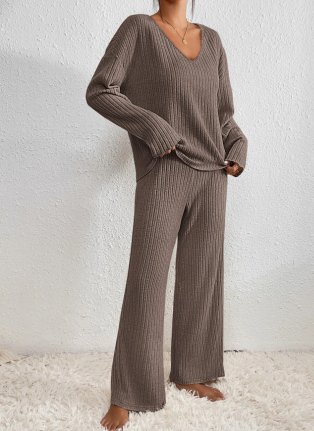 Ribbed knitted V-neck matching set for women | Kathy
