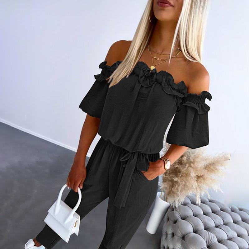 Chic off-shoulder frill tie-waist jumpsuit for women | Camila