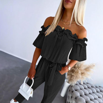 Chic off-shoulder frill tie-waist jumpsuit for women | Camila