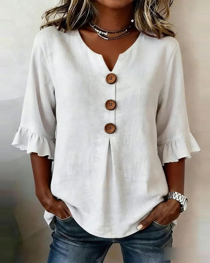 Cotton V-neck ruffle half sleeve blouse for women | Patrizia