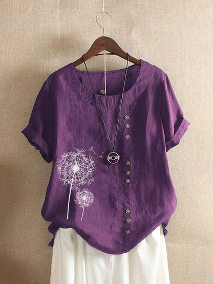 Dandelion print button detail cotton top for women | Fenella
