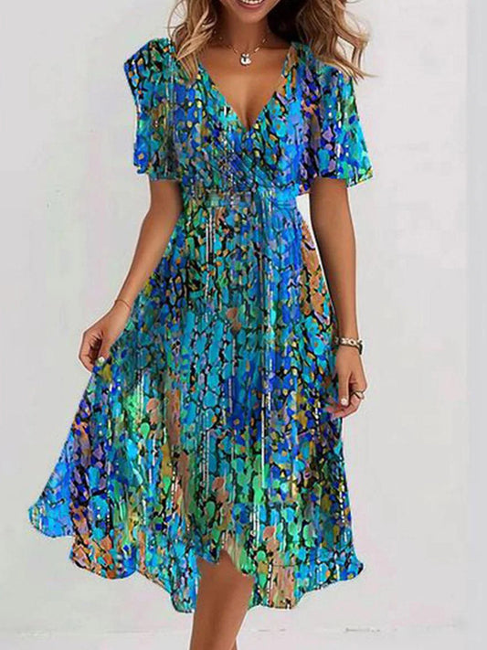 Blue printed flowy V-neck midi dress for women | Celestine
