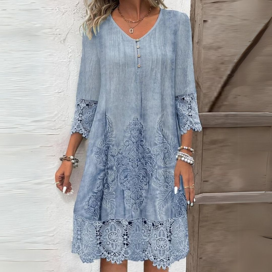 Boho embroidered lace hem long sleeve midi dress for women | Marisela