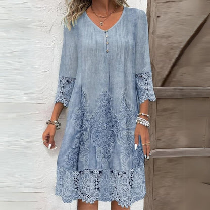 Boho embroidered lace hem long sleeve midi dress for women | Marisela