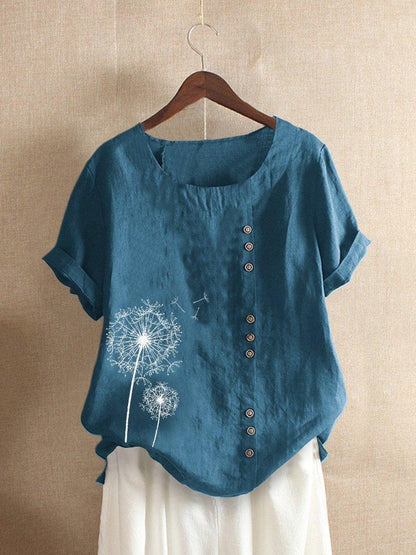 Dandelion print button detail cotton top for women | Fenella